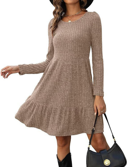 New Striped Crew Neck Knitted Sweater Dress