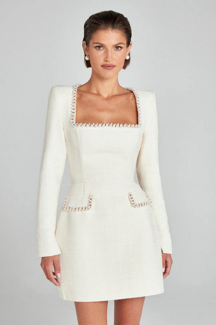 Long-Sleeve Pearl-Embellished Tweed Dress