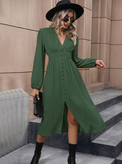 Solid Color Long Sleeve Slit Dress