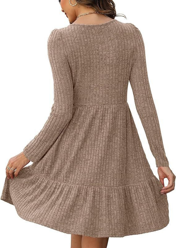 New Striped Crew Neck Knitted Sweater Dress