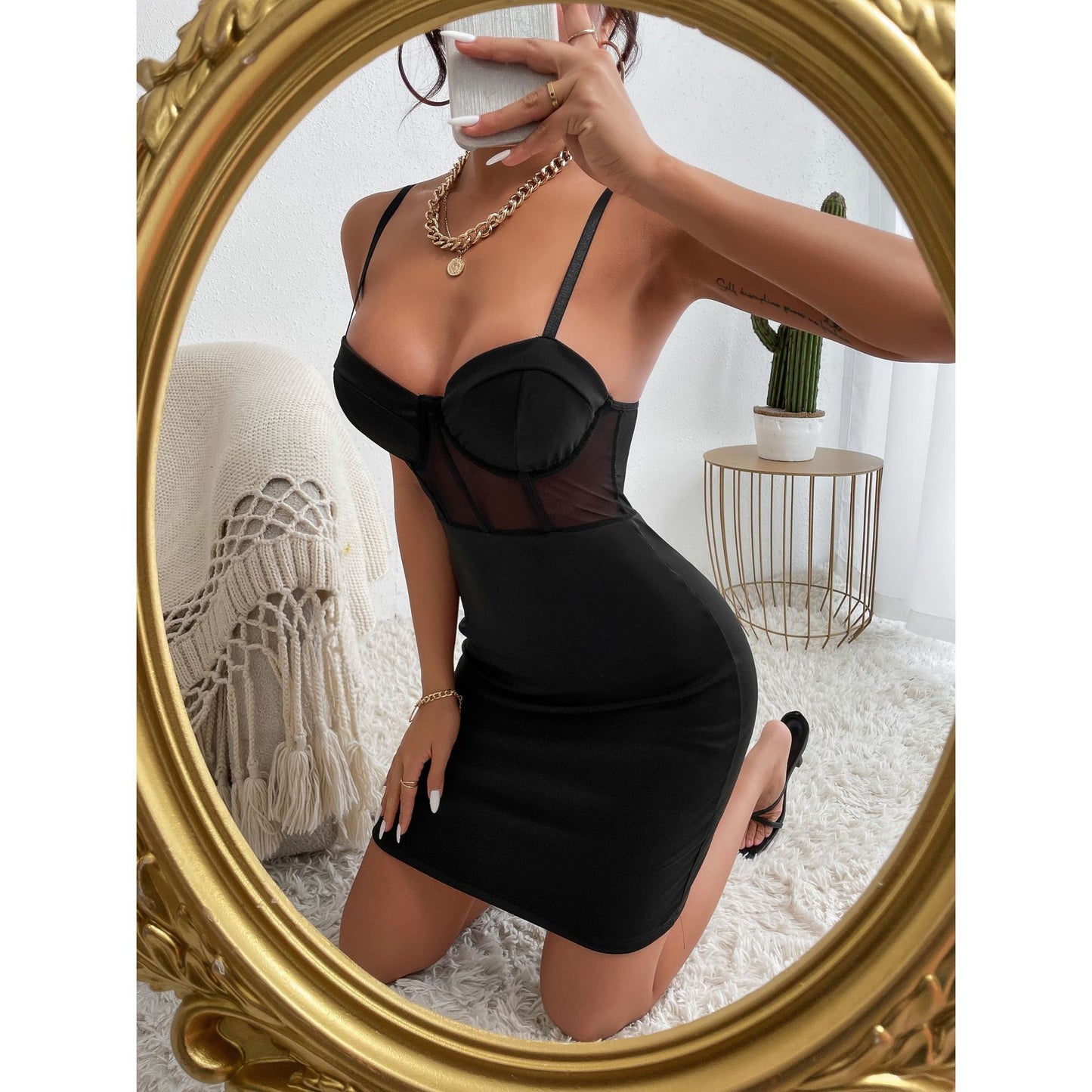 Sexy Strap Mesh Patchwork Corset Bodycon Dress