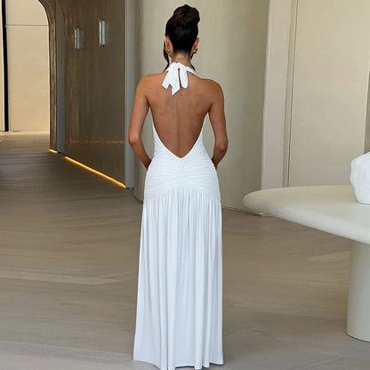 New Elegant Backless Halter V-Neck Maxi Dress