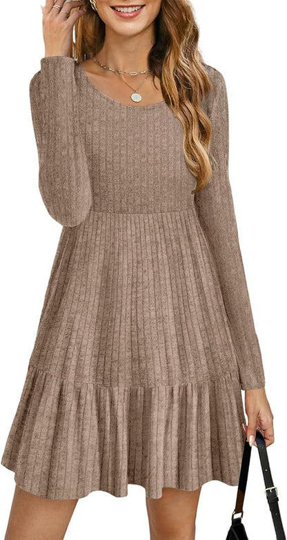 New Striped Crew Neck Knitted Sweater Dress