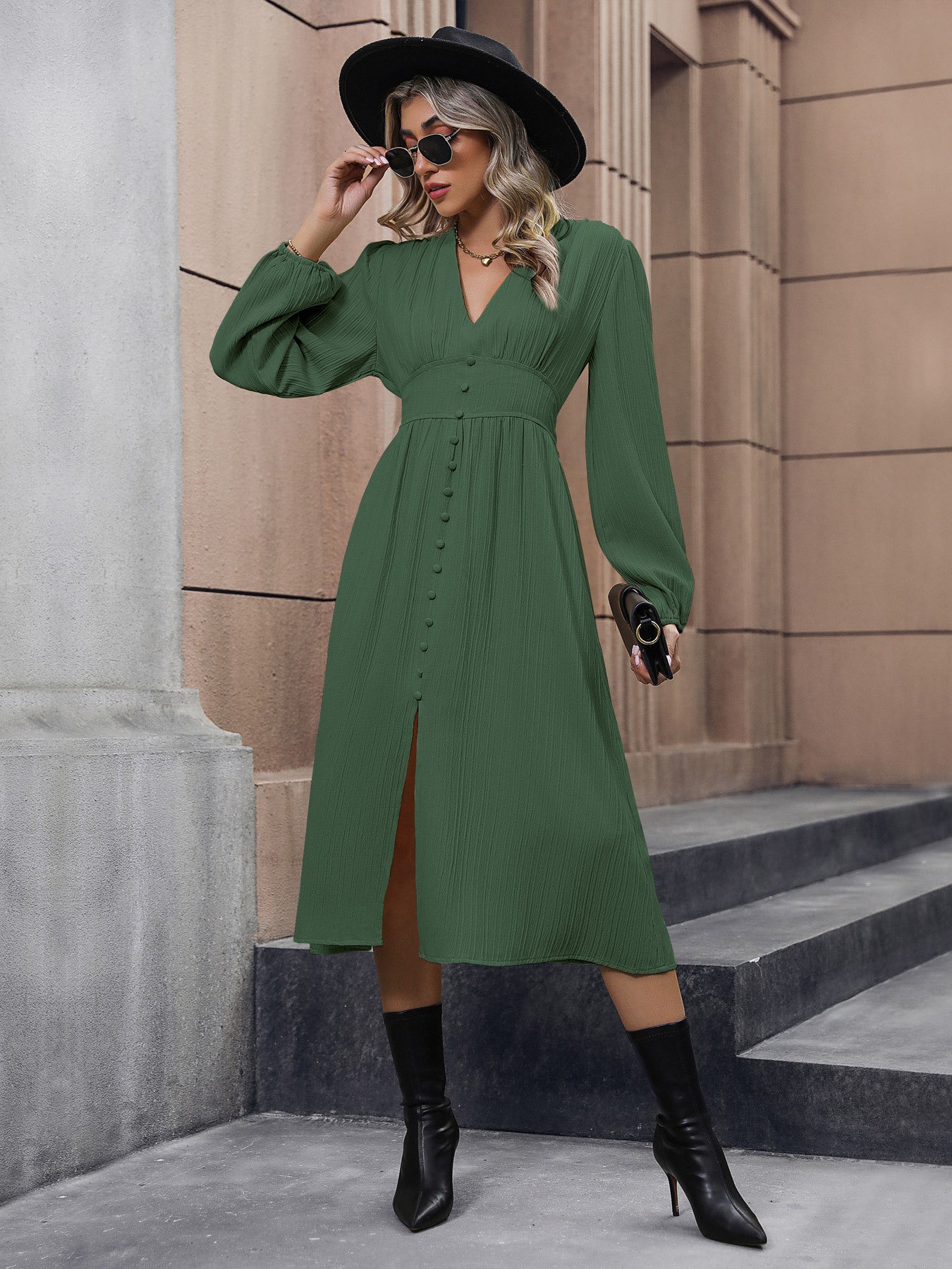 Solid Color Long Sleeve Slit Dress