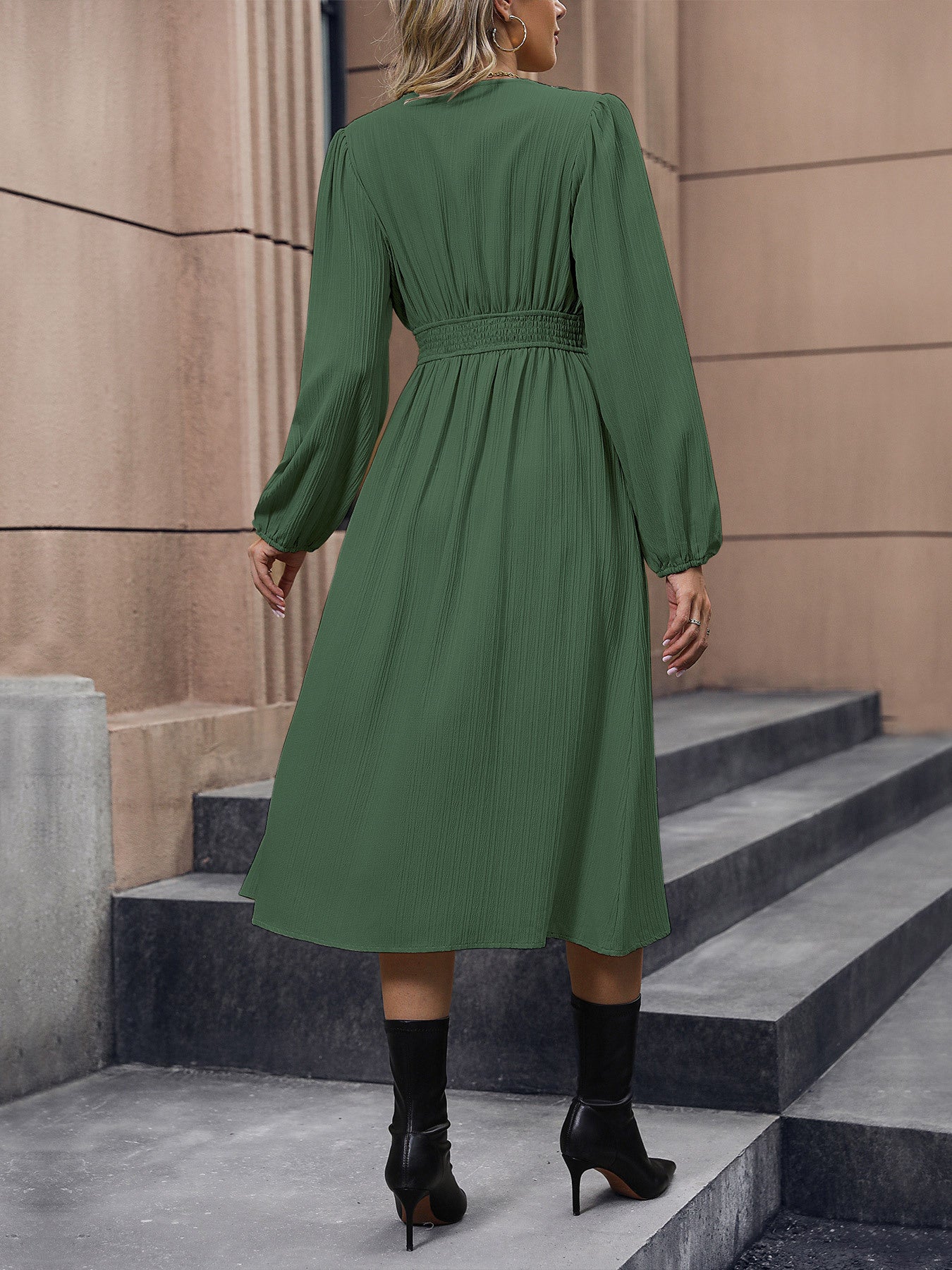 Solid Color Long Sleeve Slit Dress