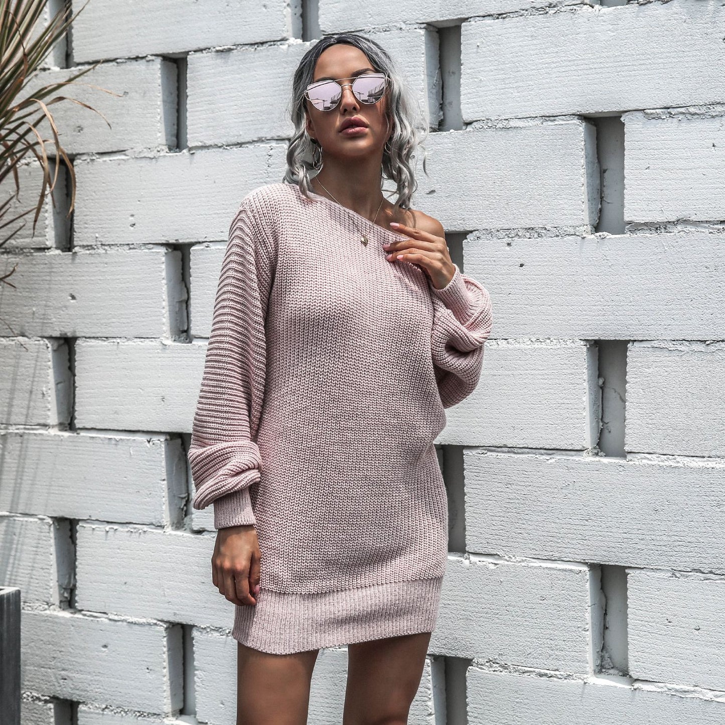 Casual Off-Shoulder Lantern Sleeve Knit Sweater Dress