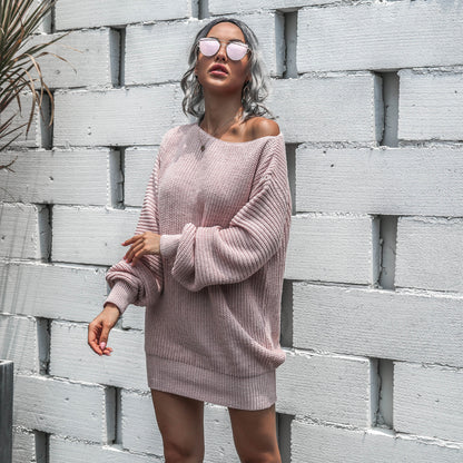 Casual Off-Shoulder Lantern Sleeve Knit Sweater Dress