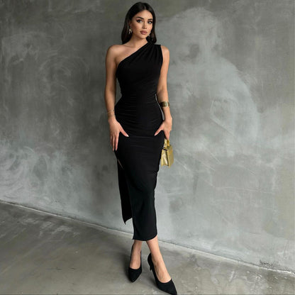 Faonly New  One-Shoulder Slit Sleeveless Sexy Dress