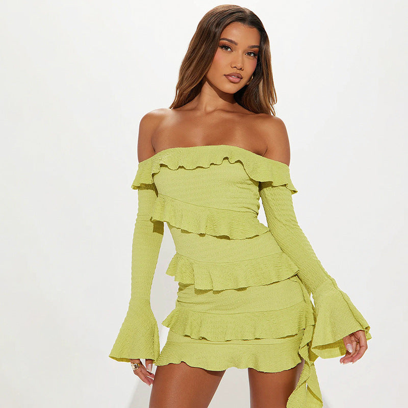 Off-Shoulder Ruffled Bell Sleeve Dress with Bowknot