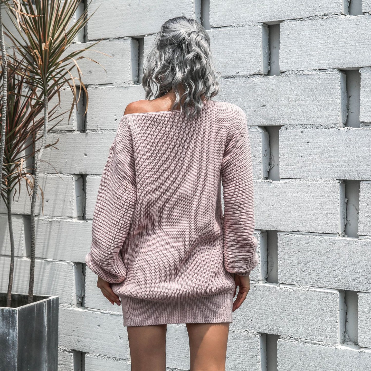 Casual Off-Shoulder Lantern Sleeve Knit Sweater Dress