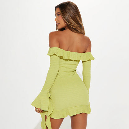 Off-Shoulder Ruffled Bell Sleeve Dress with Bowknot