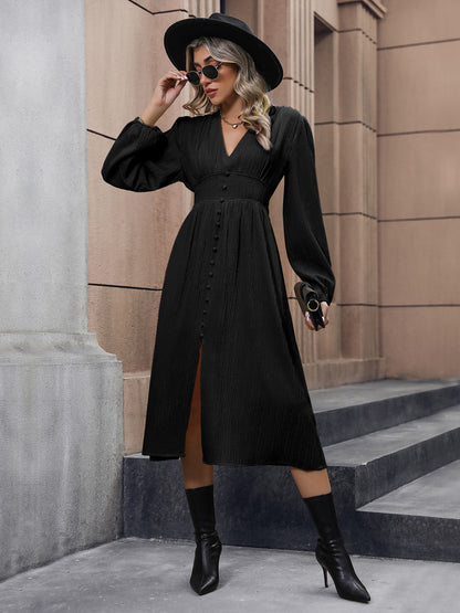 Solid Color Long Sleeve Slit Dress