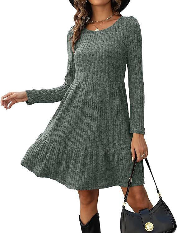 New Striped Crew Neck Knitted Sweater Dress