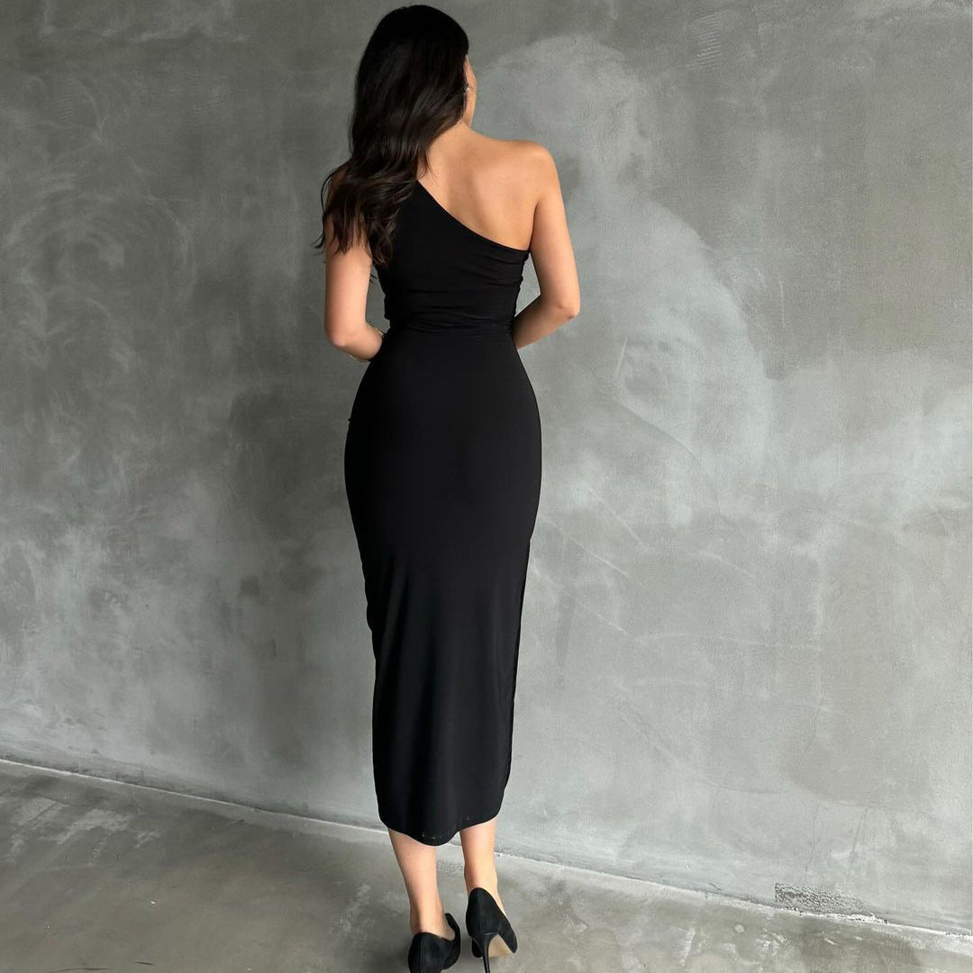 Faonly New  One-Shoulder Slit Sleeveless Sexy Dress