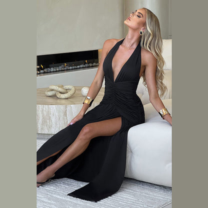 New Elegant V-Neck Sexy Slit Backless Dress