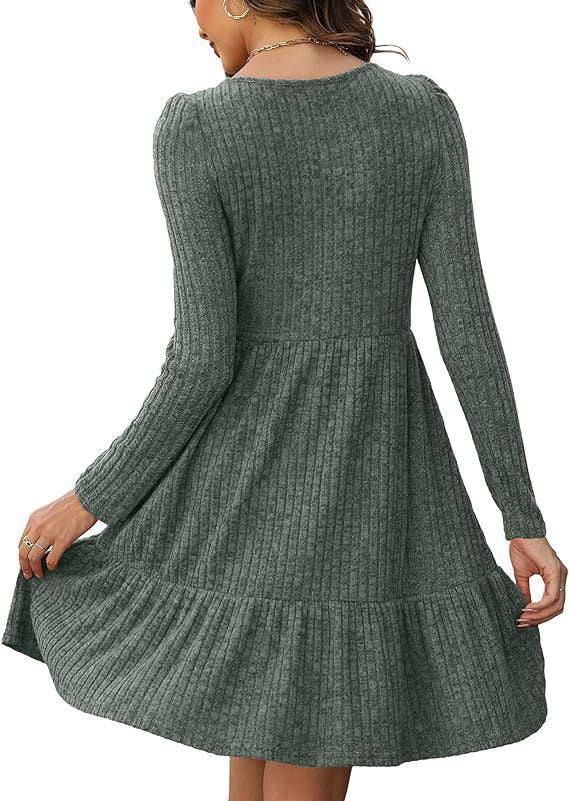 New Striped Crew Neck Knitted Sweater Dress