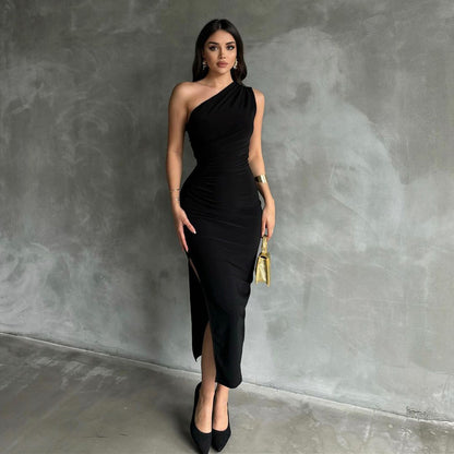 Faonly New  One-Shoulder Slit Sleeveless Sexy Dress