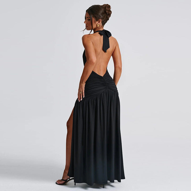 New Elegant Backless Halter V-Neck Maxi Dress