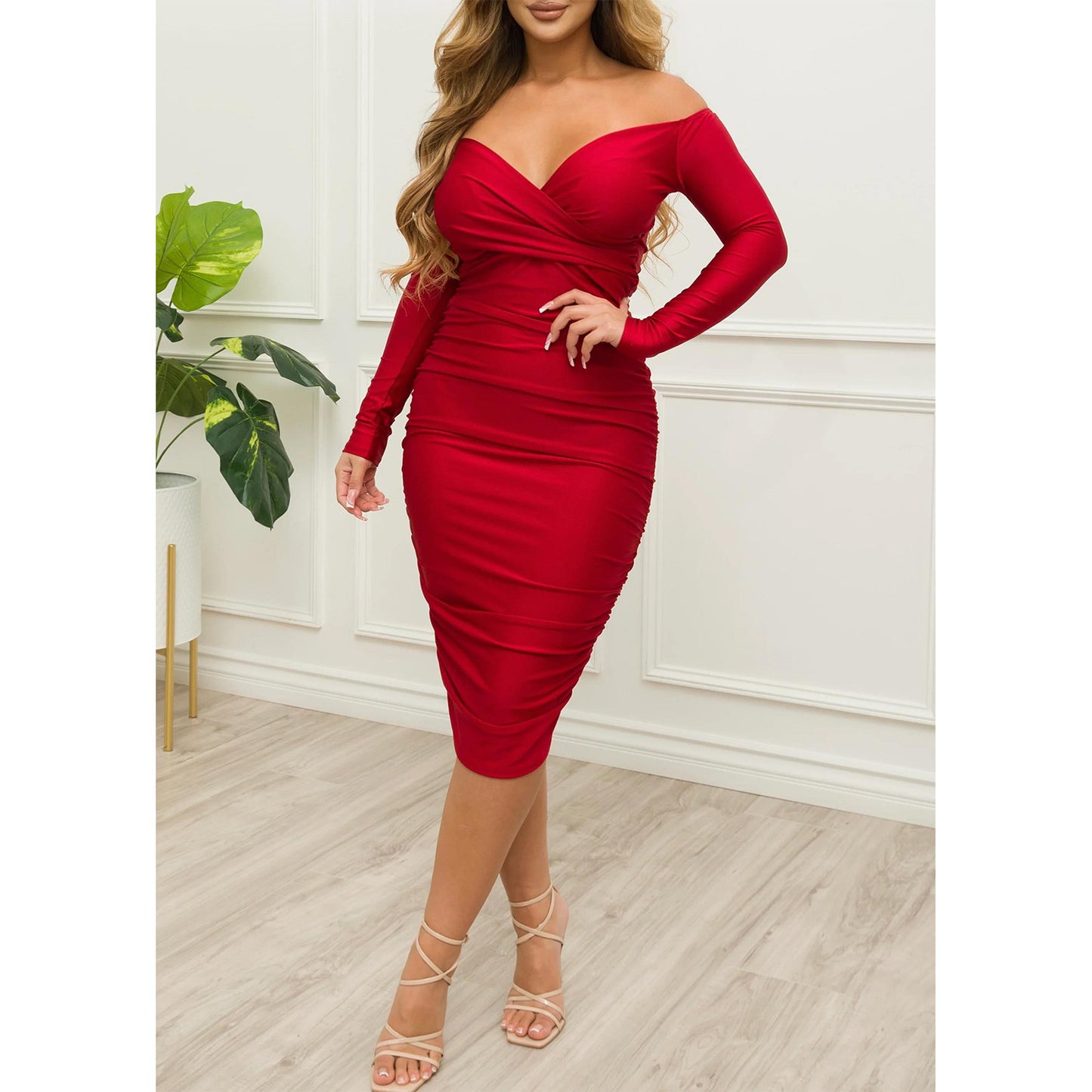 Sexy Off-Shoulder Ruched Bodycon Long Sleeve Dress