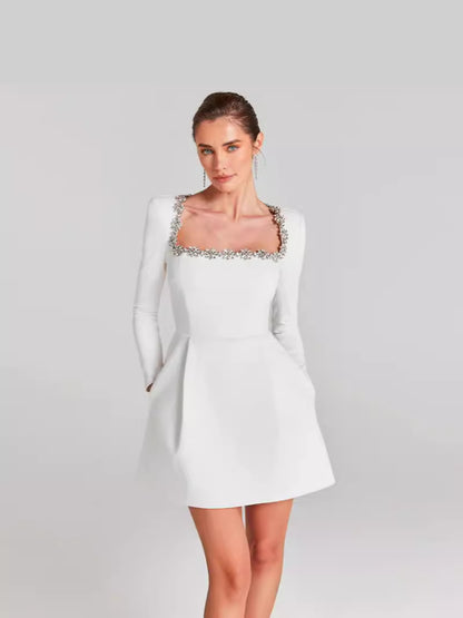 Elegant Embellished Square Neck Long Sleeve Bandage Dress