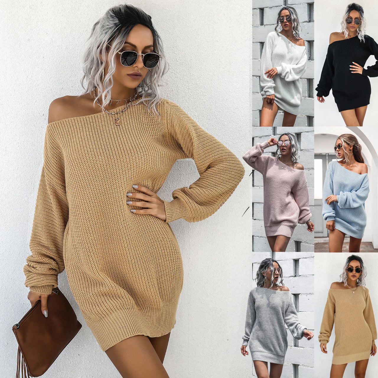 Casual Off-Shoulder Lantern Sleeve Knit Sweater Dress