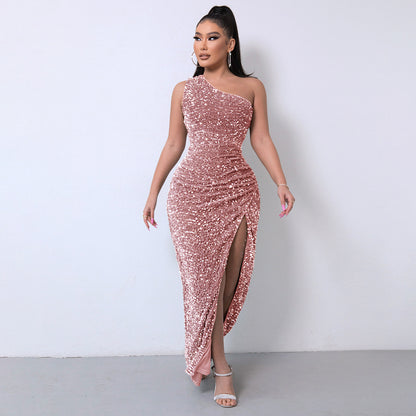 Sequin Sleeveless Slit Ankle-Length Bodycon Dress with Beading