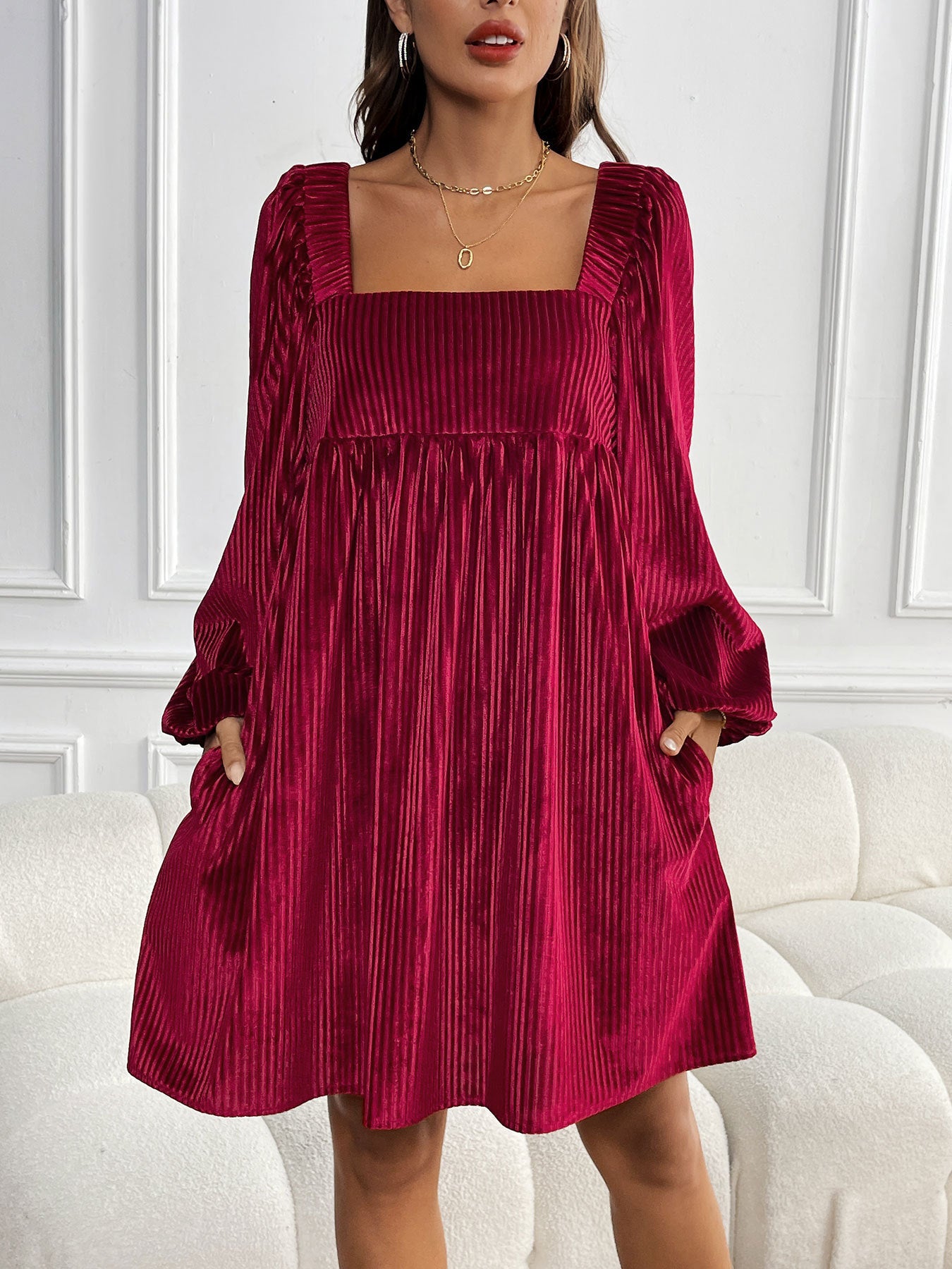 New Velvet Square-Neck Backless Dress with Long Sleeve