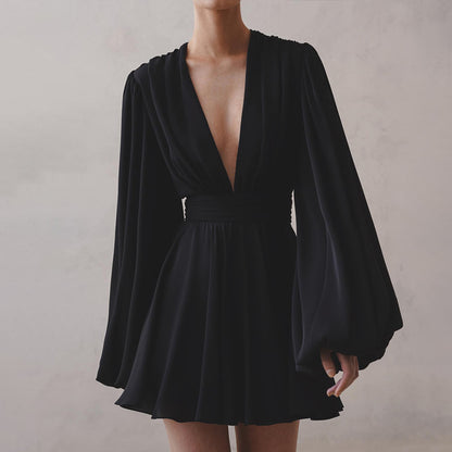 Puff Sleeve V-Neck High-Waist Sexy Black Mini Dress