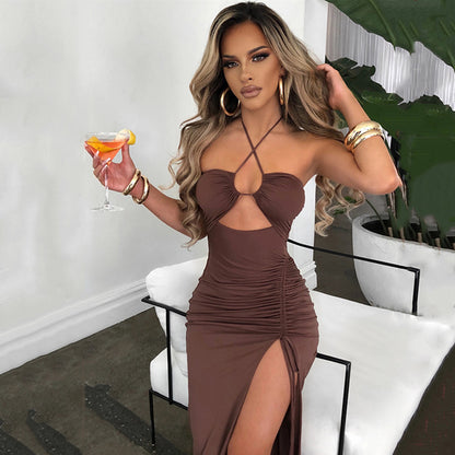 New Sexy Halter Neck High-Slit Ruched Maxi Dress