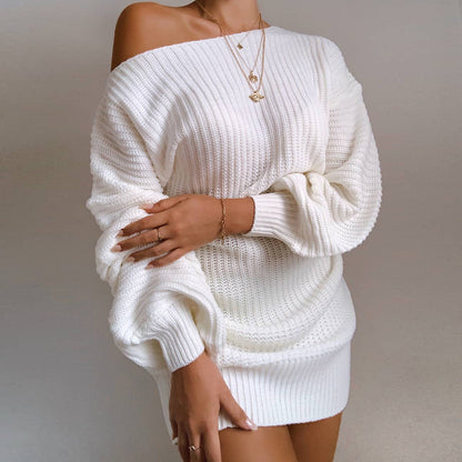 Casual Off-Shoulder Lantern Sleeve Knit Sweater Dress