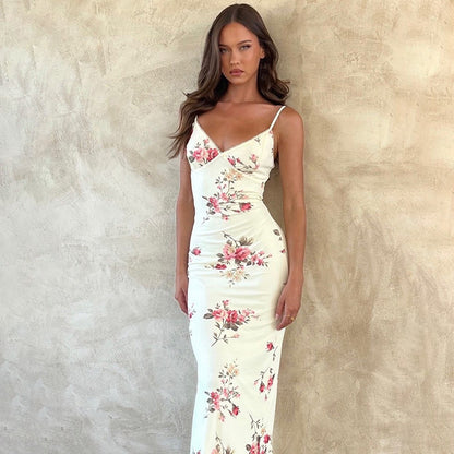 Elegant Slim Printed Spaghetti Strap Long Dress