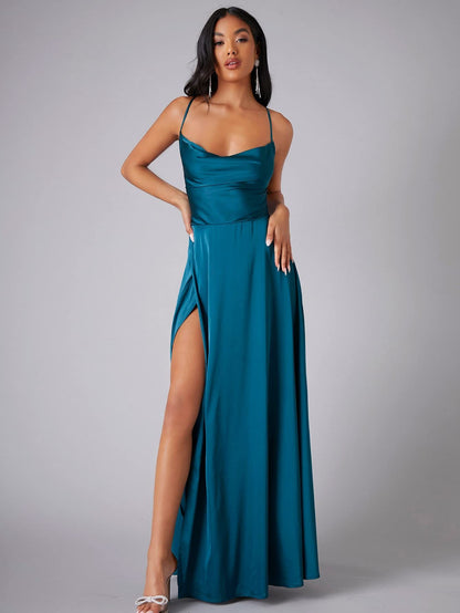 Sexy Slim-Fit Backless Spaghetti Strap Waist-Cinching Evening Gown