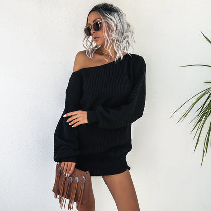 Casual Off-Shoulder Lantern Sleeve Knit Sweater Dress