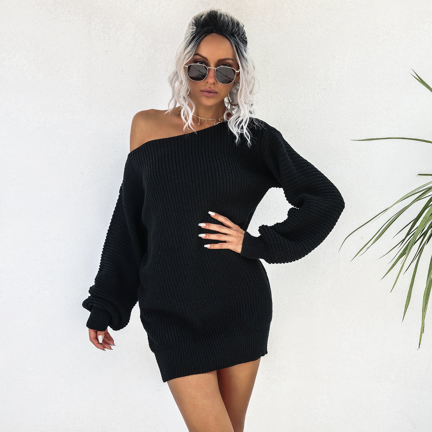 Casual Off-Shoulder Lantern Sleeve Knit Sweater Dress