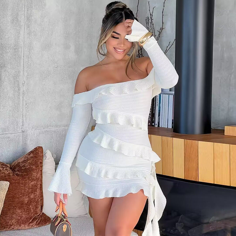 Off-Shoulder Ruffled Bell Sleeve Dress with Bowknot