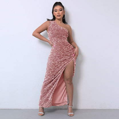 Sequin Sleeveless Slit Ankle-Length Bodycon Dress with Beading