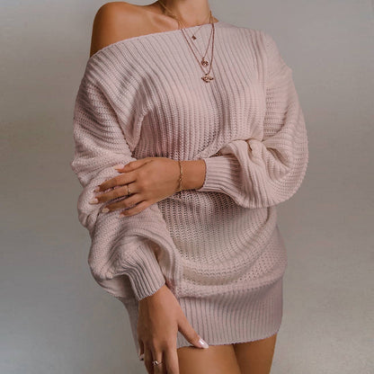 Casual Off-Shoulder Lantern Sleeve Knit Sweater Dress