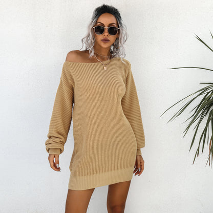 Casual Off-Shoulder Lantern Sleeve Knit Sweater Dress