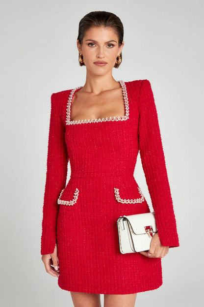 Long-Sleeve Pearl-Embellished Tweed Dress