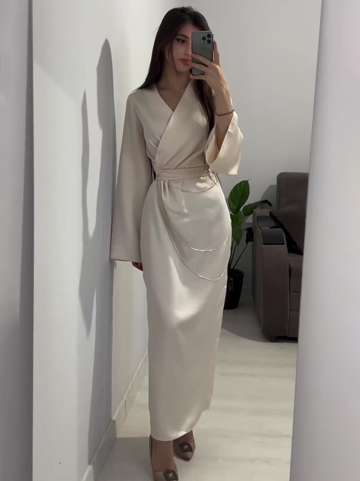 Long Satin Dress with Waist Chain