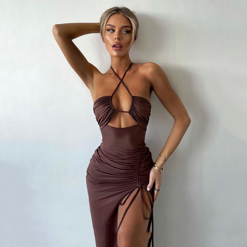 New Sexy Halter Neck High-Slit Ruched Maxi Dress