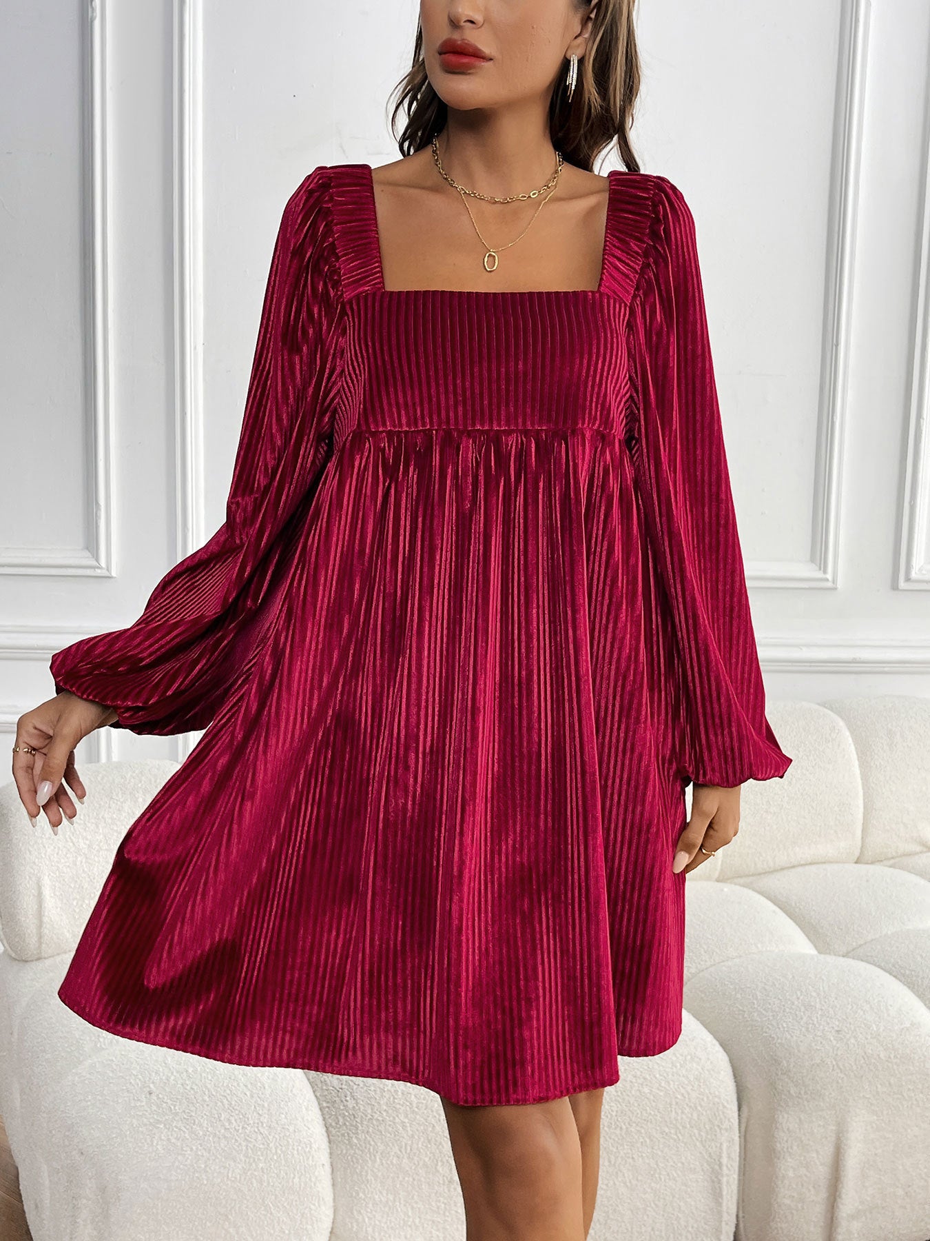 New Velvet Square-Neck Backless Dress with Long Sleeve