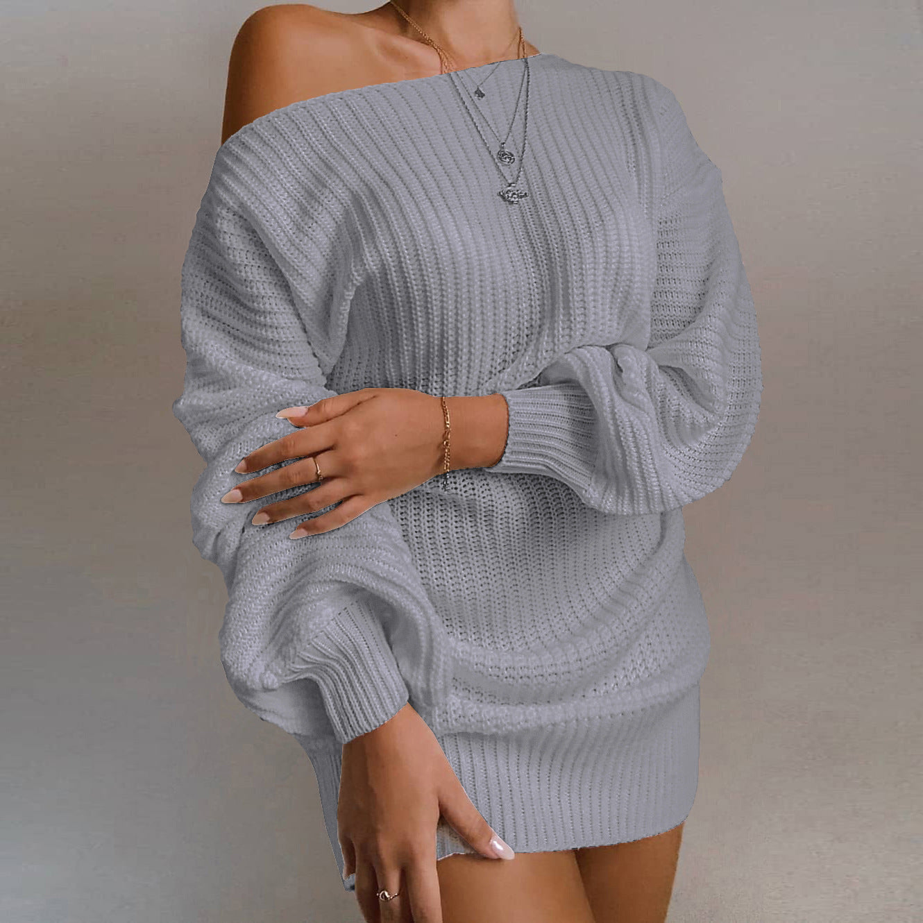 Casual Off-Shoulder Lantern Sleeve Knit Sweater Dress