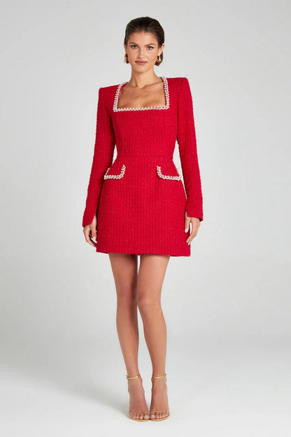 Long-Sleeve Pearl-Embellished Tweed Dress