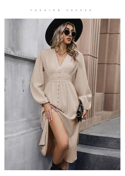 Solid Color Long Sleeve Slit Dress