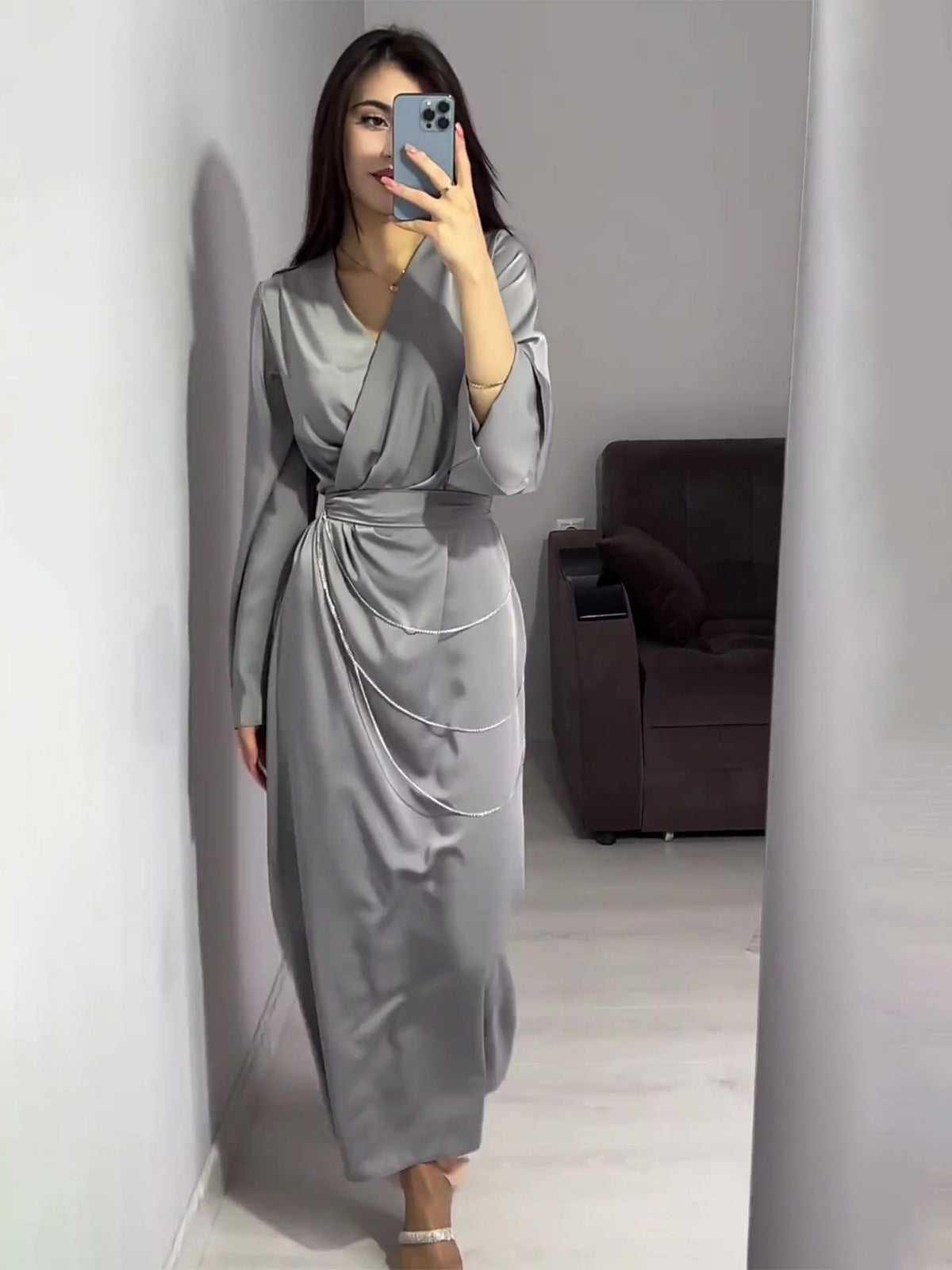 Long Satin Dress with Waist Chain