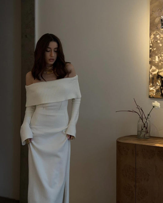 Sexy Knit Off-Shoulder Sweater Dress with Folded Collar