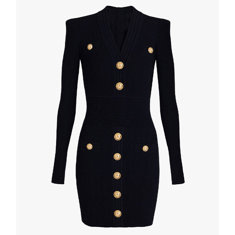 Long-Sleeve V-Neck Knit Dress with Metal Button Accents