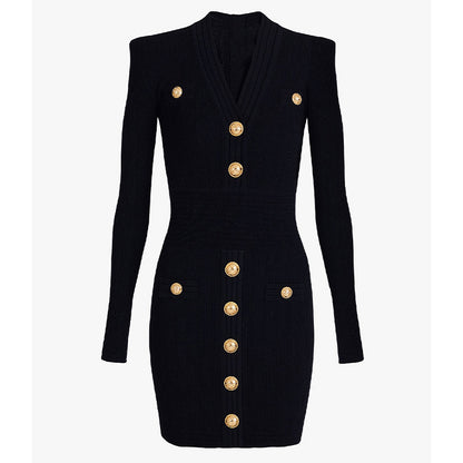 Long-Sleeve V-Neck Knit Dress with Metal Button Accents