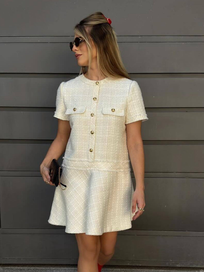 Round Neck Casual Tweed Button Pocket Short Sleeve Mini Dress